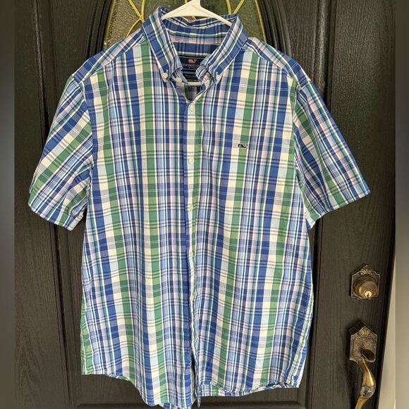 Vineyard Vines Blue and Green Casual Button Down Shirt - Picture 1 of 4